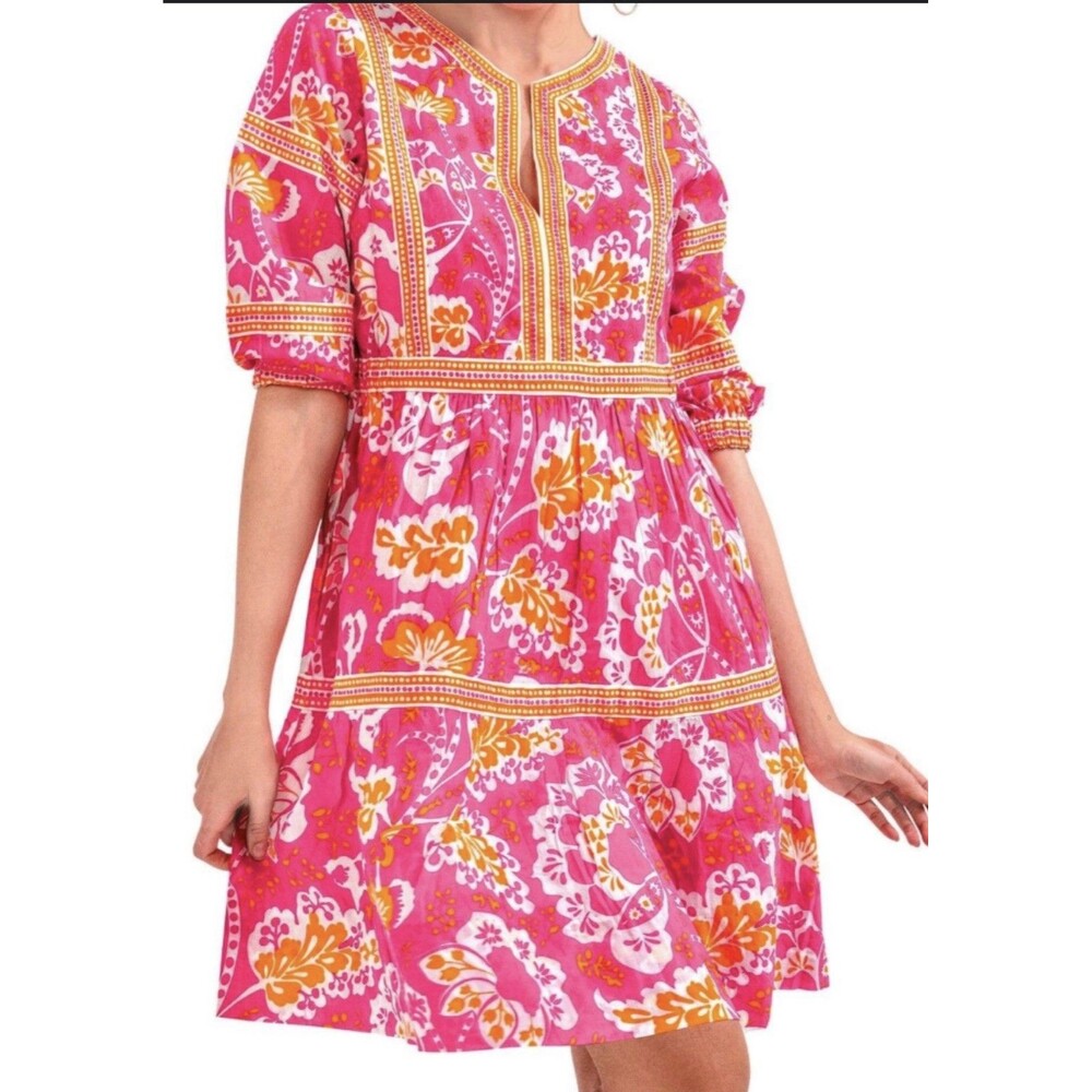 Gretchen Scott Vibrant Pink and Orange Shift Dress Goddess Size Med Pocket